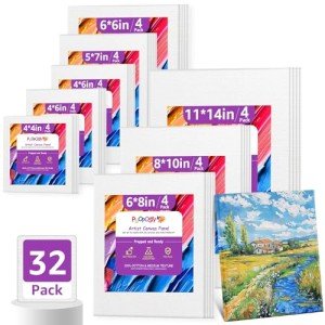 PUOPOSTY 32-Pack Canvas Boards for Painting – 4 Each of 11x14, 8x10, 5x7, 6x8, 6x6, 4x4, and 8 of 4x6 – 100% Cotton Primed Art Supplies for Kids & Adults – Ideal for Acrylic & Oil