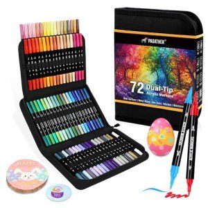 72 Colors Acrylic Paint Markers, Dual Tip with Fine Tip and Brush Tip Pens for Stone, Wood, Calligraphy, Canvas, Ceramic, Metal, Glass, Rock Painting, DIY Crafts Art Supplies Kit