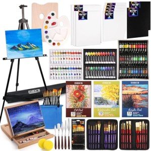 ESRICH 141PCS Deluxe Artist Painting Set, Painting Supplies with 84 Paint(Oil, Watercolor,Acrylic Paint) Metal and Wooden Easels, Canvas, Paper Pads, Paintbrushes etc. for Adults, Kids, Artists