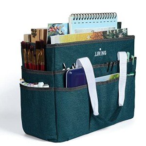 JJRING Craft Organizer Tote Bag, Large Art Storage Caddy with Multiple Pockets, Bluish Green Sewing Bag for Art, Craft, Scrapbooking, School, Medical, and Office Supplies Storage