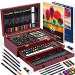 175 Piece Deluxe Art Set with 2 Drawing Pads, Acrylic Paints, Crayons, Colored Pencils, Paint Set in Wooden Case, Professional Art Kit, Art Supplies for Adults, Teens and Artist, WoodMuse Plus