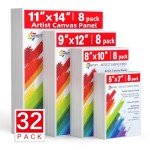 Simetufy Canvas Boards for Painting 32 Pack Paint Canvas Panels 8pcs of Each 5x7, 8x10, 9x12, 11x14 100% Cotton for Kids Acrylic Watercolor Paint