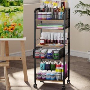 5-Tier Rolling Utility Cart with Metal Drawer, Large Capacity Craft Organizers and Storage with DIY Divider, Lockable Wheel Art Cart for Drawing Room, Store Paint & Brush & Drawing Paper & Artifact