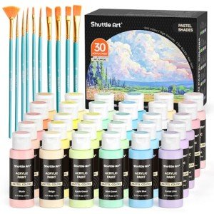 Shuttle Art 40 Pack Pastel Acrylic Paint Set, 30 Colors, 60ml/2oz Bottles, High Viscosity, Water-proof With 10 Paint Brushes for Painting &Crafting on Canvas, Rock, Ceramic, Fabric, Easter Decor