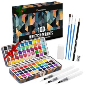 Zenacolor Watercolor Paint Set with 100 Colors - Water Color Pallet Adult & Kids with 3 Brush Pens - Vibrant, Neon, Pastel & Metallic Watercolor Paint
