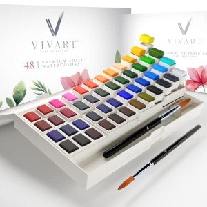 Watercolor Paint Set with 48 Premium Colors, 2 Artist Paint Brushes, 20-Sheet Paper Pad, Bonus Watercolor eBook