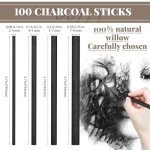Gueevin 100 Pcs Willow Charcoal Sticks, Soft Black Drawing Charcoal for Sketching and Drawing Art Sketch Artists Supplies, 5.7 Inch in Length, 2-4, 4-5, 5-7 mm