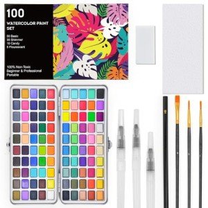 100 Colors Watercolor Paint Set, Including Metallic, Macarons, Fluorescent Colors, Water Brush Pen, Portable Palette, Art Supplies for Adult Beginners & Professional Artists