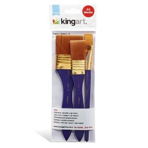 KINGART 225-3B Large Flat 3 Pc. Brush Set for Art, Craft & Hobby, 3/4", 1" & 2" Flat Wash Paintbrushes, Brown Nylon Hair, Short Handle, Use with Oil, Acrylic & Water-Based Paint