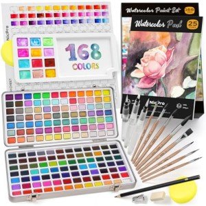 Nicpro 168 Colors Watercolor Paint Set include Metallic Macaron Candy Fluorescent, 8 Synthetic Squirrel Painting Brushes, 25 Water Color Paper, Palette, Art Supplies Kit for Artist Adult Kid Beginner with Box