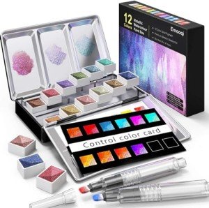 Emooqi Metallic Watercolor Paints Set, Metallic Glitter Watercolour Solid Paint Include 12 Metallic Glitter Color 2 Water Brushes 2 Color Card Storage Bag, Ideal for Illustrations Painting.