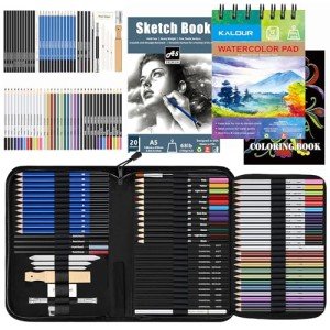 KALOUR 76pc Art Supply Set - Sketching & Drawing Kit with Tutorial Book, Sketchbook & Paper - Pencils, Pastels, Watercolors for Beginner Artists