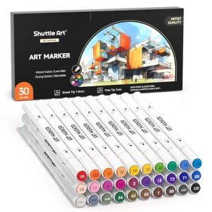 Shuttle Art 30 Colors Dual Tip Art Markers Permanent Marker Pens Highlighters Perfect for Illustration Adult Coloring Sketching and Card Making