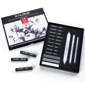 KALOUR 15 Pro Compressed Charcoal Drawing Set with Blending Stumps- Soft,Medium,Hard and White Charcoal - Charcoal Sticks for Drawing Sketching Shading - Art Supplies for Artists Beginners Adults
