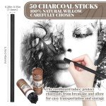 Gueevin 50 Pieces Willow Charcoal Sticks, Soft Black Drawing Charcoal for Sketching and Drawing Art Sketch Artists Supplies, 5.7 Inch in Length
