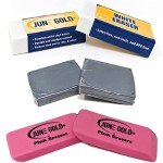 June Gold 15 Piece Art Eraser Set, 3 White Vinyl (Firm), 3 Pink Rubber (Medium), 3 Kneaded (Soft), 3 Retractable (Precision), & 3 Retractable Refills