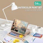 54 Pieces Watercolor Paint Set with Tabletop Easel Stand, Complete Starter Painting Art Supplies with Watercolor Paints, Canvases, Sketch Pads, Brushes and Palette for Adults Teens Kids Beginners