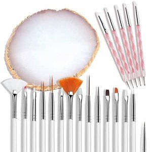 AUOCATTAIL Nail Art Design Tools - 15pcs Painting Brushes Set with 5pcs 2-way Dotting Pens & Gold-rimmed Resin Palette, White