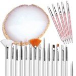 AUOCATTAIL Nail Art Design Tools - 15pcs Painting Brushes Set with 5pcs 2-way Dotting Pens & Gold-rimmed Resin Palette, White