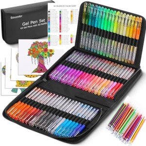Soucolor Glitter Gel Pens for Adult Coloring Books, Back to School Supplies, 120 Pack-60 Glitter Pens, 60 Refills and Travel Case, 40% More Ink Markers Set for Drawing Doodling Journaling Art Supplies