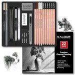 KALOUR PDAS 22pcs Charcoal Drawing Set, Professional Art Supplies, Black & White Charcoal Pencils for Drawing, Sketching, Shading, Blending, Artist Pencils for Beginners & Pro Artists