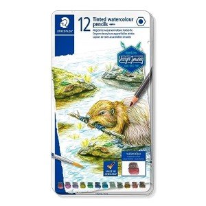 Staedtler Water-Soluble Tinted Graphite Pencils, Watercolor Artist Set, Pre-sharpened, 12 Colors in Metal Tin, 14610T M12