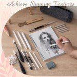 AmazingSpark 40 Pcs Sketch Drawing Tools Blending Stump Set Accessories with Sandpaper Pencil Sharpener Pencil Extension Tool Erasers, Sponge Replacement Heads & Felt Bag for Charcoal Sketch Drawing
