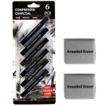 XQIGI Compressed Charcoal Sticks 6 PCS, Kneaded Rubber Erasers Large Size 2 Pack, Square Vine Charcoal Rod Set of 8 for Back to School DIY Drawing Crafts, Sketching, Shading, Beginners and Artists