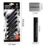XQIGI Compressed Charcoal Sticks 6 PCS, Kneaded Rubber Erasers Large Size 2 Pack, Square Vine Charcoal Rod Set of 8 for Back to School DIY Drawing Crafts, Sketching, Shading, Beginners and Artists