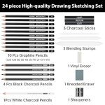 Drawing Sketching Pencil Set, 24 Piece Pro Artist Sketch Kit - Graphite Pencils (12B-4H),Charcoal Pencils for Drawing,Black and White Charcoal Pencils,Charcoal Sticks,Stumps,Eraser,Sharpeners