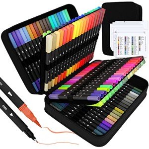 sunacme Art Supplier Dual Brush Markers Pens, 110 Artist Coloring Marker Set, Fineliner & Brush Tip Pen with Premium Case for Adults Coloring Books & Kids Journal, Drawing, Doodlin