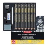 PANDAFLY 20-Piece Professional Sketch Pencil Set - Includes 4H to 14B Graphite Pencils, Charcoal Sticks, Vinyl Eraser, Kneaded Eraser, Sharpener, Blending Stump - Ideal for Artists and Beginners