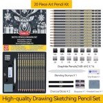 PANDAFLY 20-Piece Professional Sketch Pencil Set - Includes 4H to 14B Graphite Pencils, Charcoal Sticks, Vinyl Eraser, Kneaded Eraser, Sharpener, Blending Stump - Ideal for Artists and Beginners