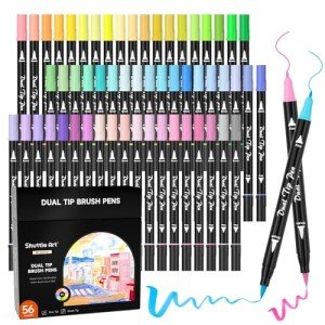 Shuttle Art 56 Pastel Colors Dual Brush Pen Art Markers, Fine and Brush Tip Markers, Water-based Ink Perfect for Kids Adult Artist Coloring Books Calligraphy Hand Lettering Journal Doodling Writing