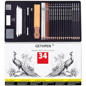 GETHPEN Sketch Pencils for Drawing,34 Pcs,Graphite Pencil (14B-4H), Charcoal Pencil,With Graphite Sticks, Erasers and Sharpener, Art Pencils for Sketching,Artist Set for Beginners and Professionals