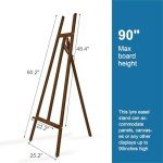 Somime A - Frame Wooden Display Easel with Wheels - Adjustable Lyre Beechwood Studio Easel Stand Holding Canvas Up to 90", Inclinable Artist Floor Painting Easel for Artwork Painting, Brown