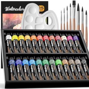 Nicpro Watercolor Paint Set for Adults, Kids, Beginner & Artists, 24 Tubes Water Color Paint Set with 25 Watercolor Paper, 8 Squirrel Paint Brushes, Palettes, Color Wheel, Art Painting Supplies