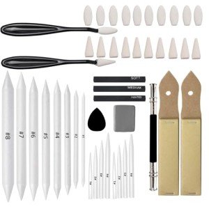 46 PCS Blending Stumps and Tortillions Paper Art Blenders Sketch Drawing Tools with Charcoal Sticks,Sandpaper Sharpeners,Wipe Scrapers,Rub Sponge and Kneaded Eraser for Student Artist Drawing Shading