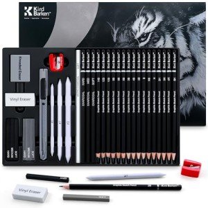 Kird Barken 33 Piece Sketching Pencil Set - 5H to 14B Pencils, Charcoal Pencils, Charcoal Sticks,Graphite Sticks,Painting tools – drawing pencil set for Beginners, Artists, Students, Kids