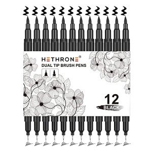 Hethrone Black Markers for Drawing - Brush Pens with Felt Tips for Artists - Calligraphy Pens, 12 Pack