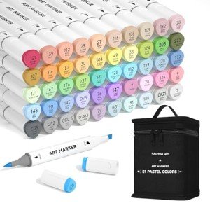 Shuttle Art Pastel Alcohol Markers Brush tip, Dual Tip Brush & Chisel Tip Art Marker Set, 50 Colors plus 1 Blender Marker Pens with Case Perfect for Illustration Students Adults Coloring Sketching
