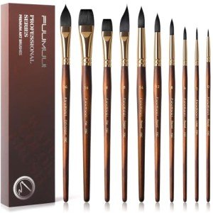 Watercolor Brushes Professional, Fuumuui 10Pcs Synthetic Squirrel Hair Water Color Paint Brush Set for Artists - Flat, Round Pointed, Dagger, Cats Tongue Oval Wash for Watercolor Gouache Inks Painting