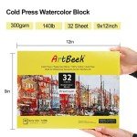 ArtBeek Watercolor Paper Block, Watercolor Block 100% Cotton 140g/300GSM (9X12 Cold Press)