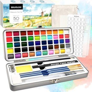 SRUOLOC Watercolor Paint Set 50 Colors, Travel Watercolor Set with Portable Carrying Case, Papers, Brushes and Accessories, Ideal for Artists, Amateur Hobbyists and Painting Lovers