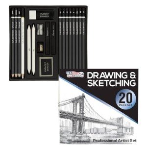 U.S. Art Supply 20 Piece Professional Hi-Quality Artist Sketch Set in Hard Storage Case - Sketch & Charcoal Pencils, Pastel, Stumps, Eraser, Sharpeners