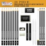 U.S. Art Supply 20 Piece Professional Hi-Quality Artist Sketch Set in Hard Storage Case - Sketch & Charcoal Pencils, Pastel, Stumps, Eraser, Sharpeners