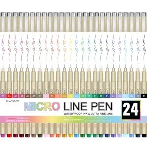 CHARSOCO 01 Micro Pen, Fine Point Pen with 24 Colors, Waterproof Archival Ink, 0.25mm Fineliner Ink Pens for Artist Illustration, Sketching, Anime, Manga, Technical Drawing and Scrapbooking