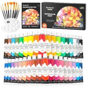 Shuttle Art 48 Pack Watercolor Paint Set, 36 Colors Watercolor Paint in Tubes (12ml Each) with 10 Brushes, 1 Watercolor Pad, 1 Palette, Premium Watercolor Kit for Artist, Beginners, Kids