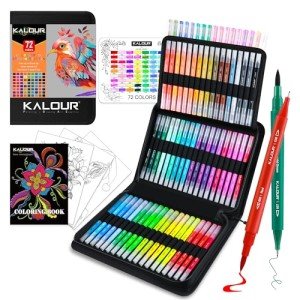 KALOUR 72 Art Markers Pens Set, Dual Tip Brush and Fine Point, Color Number and Name, Zipper Case, Adult Coloring, Lettering, Drawing