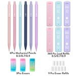 Four Candies Cute Mechanical Pencil Set, 6PCS Pastel Mechanical Pencils 0.5 mm & 0.7mm & 0.9mm with 360PCS Leads, 3PCS Erasers and 9PCS Eraser Refills, Aesthetic Pencils for Girls Writing, Art Drawing